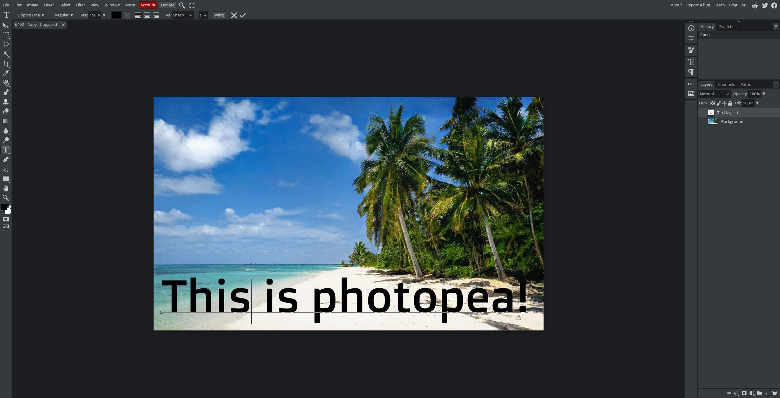 A photo showing photopea in action, i have taken a photo of a tropical island and wrote some text over it.