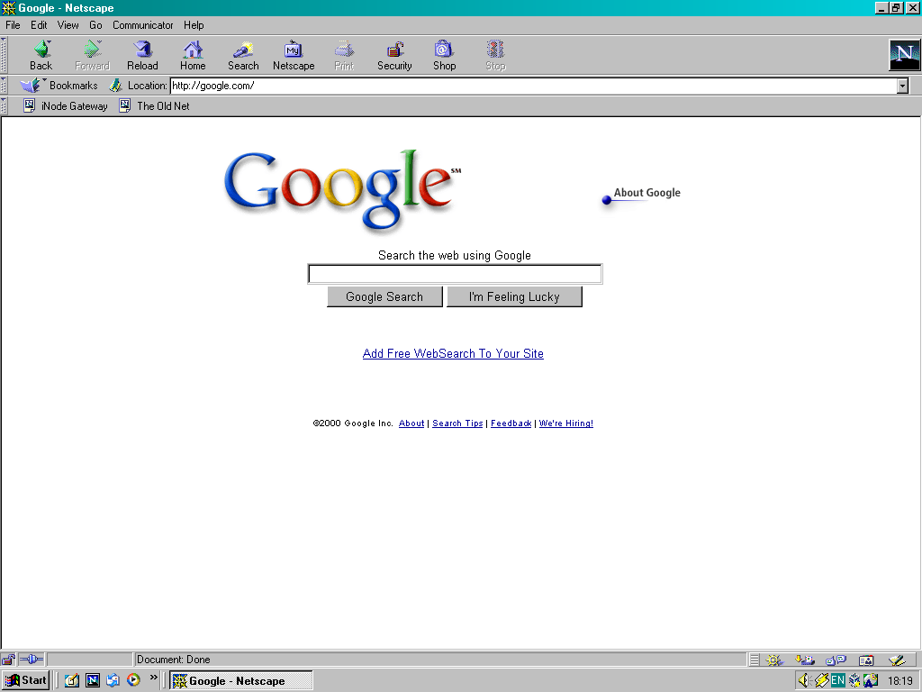 A screenshot of Windows 2000 using Protoweb to show how google looked in 2000. Search also works!